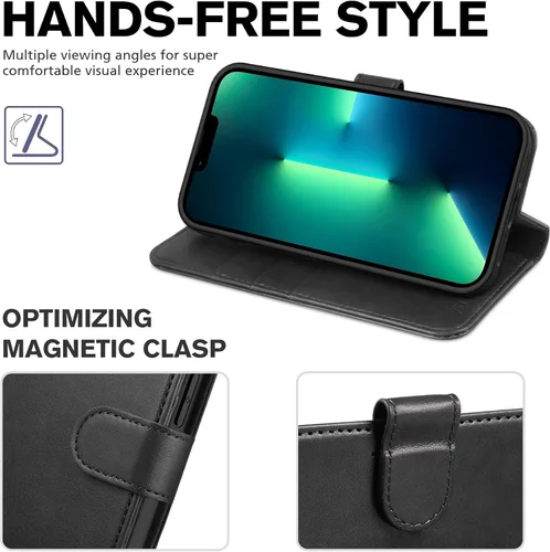 Miniatura 4 de TUCCH Funda tipo cartera para iPhone 13 Pro, tarjetero con bloqueo RFID, soporte magnético de piel sintética, funda protectora de poliuretano Negro