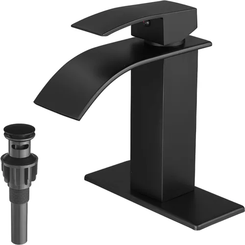 VOTON - Grifos de baño negros modernos en cascada para lavabo de baño, grifo de fregadero de baño negro mate de una sola manija para 1 o 3 agujeros