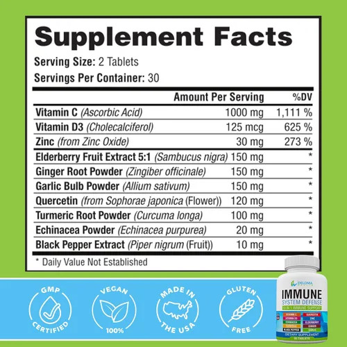Miniatura 7 de Suplemento de apoyo del sistema inmunológico 10 en 1: vitamina C (1000 mg), quercetina, vitamina D3 (5000iu), zinc (40 mg), saúco, equinácea