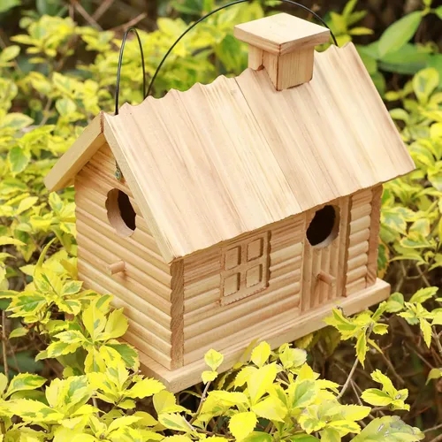 Miniatura 3 de STARSWR Casa de pájaros en el exterior, casas para pájaros al aire libre, cabaña de madera natural para pájaros, 2 agujeros, pinzón azul