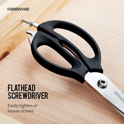Miniatura 5 de Farberware Tijeras de cocina 4 en 1 con mango negro, tijeras de acero inoxidable de alto carbono con abridor de botellas, abridor de tarros