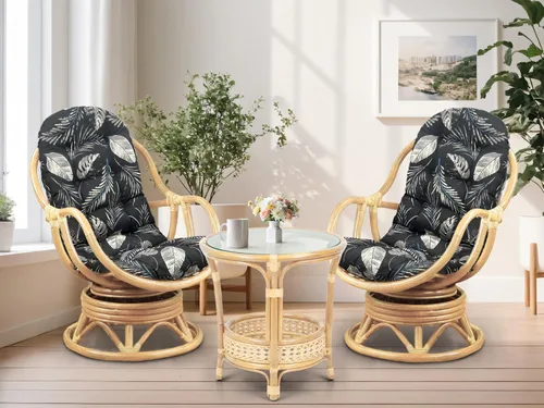 Miniatura 20 de Juego de 2 mecedoras giratorias Bali Lounge con cojín floral y mesa de centro redonda Pelangi, mimbre de ratán natural, hecho a mano, color colonial