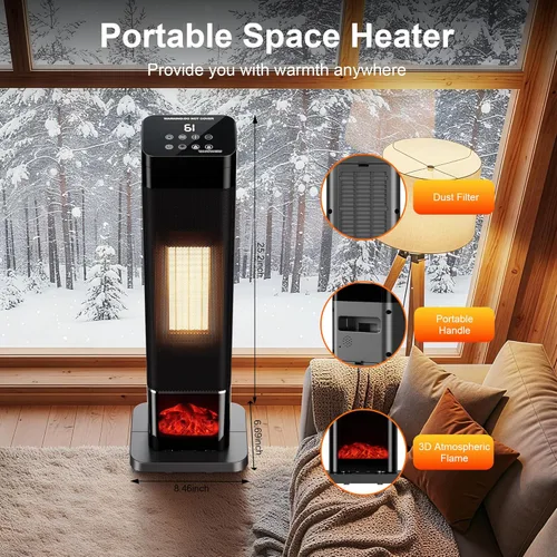 Miniatura 3 de Uthfy Calentador de espacio, calentador de cerámica PTC, calentador eléctrico de 1500 W con termostato, oscilación de 90°, calentadores portátiles