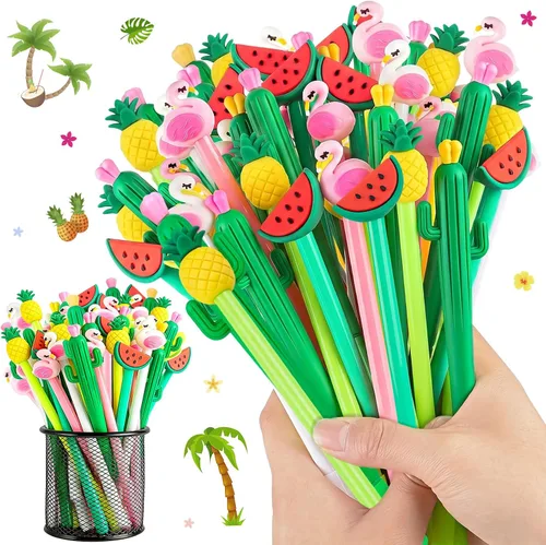 30 bolígrafos hawaianos Luau de tinta de gel negra de 0.020 in, lindo flamenco, sandía, cactus, piña, fruta para niños, estudiantes y suministros de