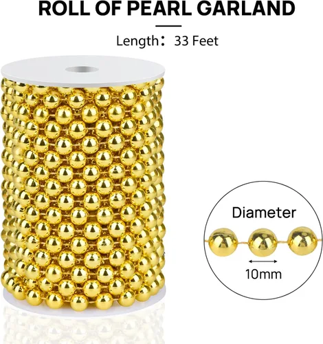 Miniatura 4 de Guirnalda de Perlas de 10MM, 10.06 Metros de Cadena de Perlas de Imitación Dorada, Rollo de Hilo para Decoración de Boda y Fiesta, Adornos