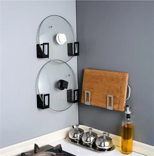 Miniatura 3 de 4 pares de organizadores de tapas de ollas de montaje en pared, soporte de tapa ajustable, organizador de tapa de bandeja de puerta de gabinete