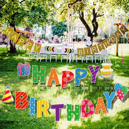 Miniatura 7 de Yulejo Letreros de feliz cumpleaños de 17 piezas, letras de 16 pulgadas, letreros de césped con estacas, impermeables, multicolor