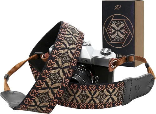 Miniatura 32 de Padwa Lifestyle Correa para cámara de flores marrones, correa de algodón de doble capa de piel de vaca de 2 pulgadas de ancho, bordado jacquard Flor