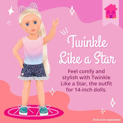 Miniatura 2 de Glitter Girls – Ropa para muñeca de 14 pulgadas – Conjunto de 4 piezas con temática estrella – Top colorido y pantalones cortos de lunares – Zapatos
