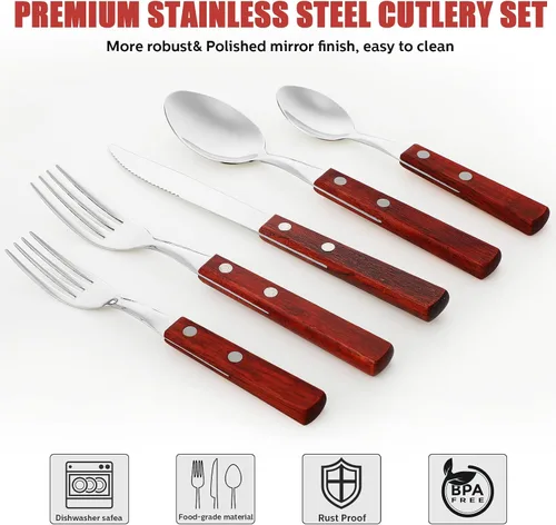 Miniatura 3 de Juego de cubiertos con mango de madera, 40 piezas, mango de nogal, 18/8 (304), acero inoxidable, mango de madera, cuchillo, tenedor, cuchara