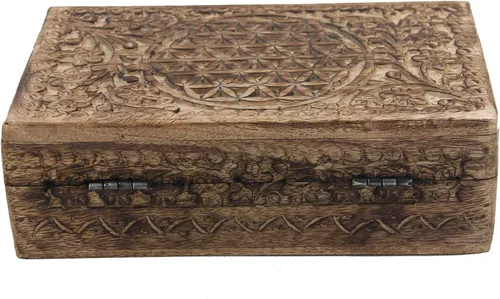 Miniatura 5 de DharmaObjects Caja de almacenamiento de madera tallada a mano con flores de la vida (natural, grande)