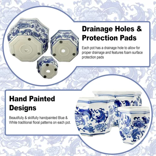 Miniatura 2 de Galt International Macetas de jardín decorativas de porcelana de cerámica con diseño floral azul y blanco, diseño chino asiático - Juego de 3