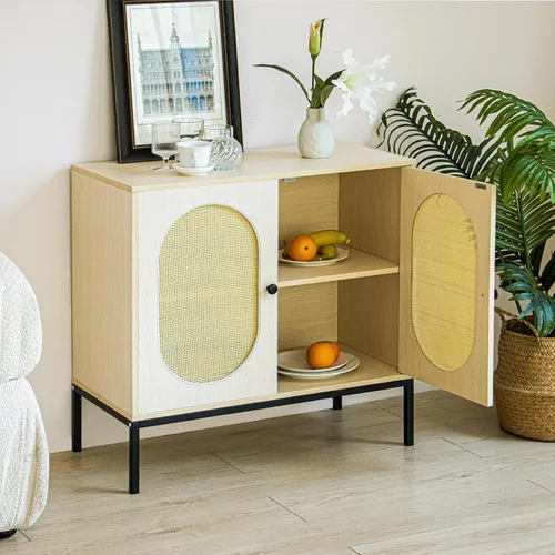 Miniatura 3 de Dolonm Armario de almacenamiento, aparador de madera con puertas ovaladas de ratán, armario de licor de bar, organizador de piso decorativo