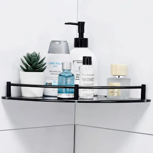 Estante de baño de vidrio con riel inoxidable, estante de ducha esquinero de vidrio negro, organizador de ducha con agujero de taladro para montaje