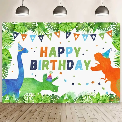 AIBIIN Fondo de cumpleaños de dinosaurios de 7 x 5 pies para niños y niñas, dinosaurios, plantas del bosque, banderas, fondo de fotografía,