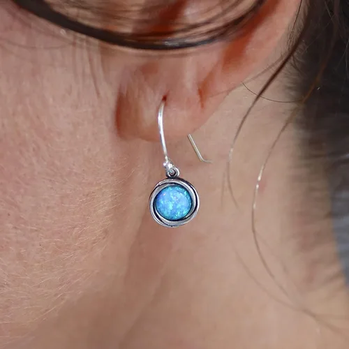 Miniatura 5 de Opal Earrings, Sterling Silver Dangle Earrings for women, Small round Blue Opal silver dangle earring, October Birthstone, Simple Opal earrings