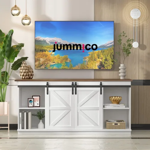 Miniatura 3 de JUMMICO Soporte de TV para TV de 65 pulgadas, centro de entretenimiento con armarios de almacenamiento y puertas corredizas de granero, consola