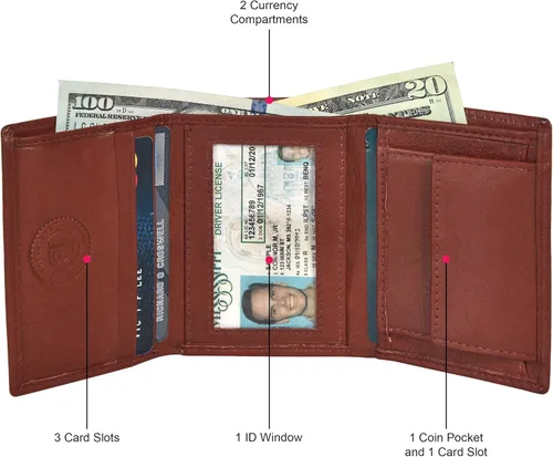 Miniatura 4 de LB LEATHERBOSS Billetera compacta delgada y compacta con bolsillo para monedas y identificación para niños, Borgoña, Billetera triple