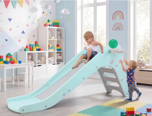 Miniatura 6 de MAMIZO Juego de tobogán 3 en 1 para niños pequeños, juego de escalador de tobogán extra largo con aro de baloncesto y pelota, escalones Blanco y gris
