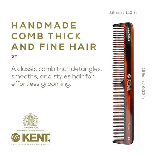 Miniatura 2 de Kent Peine de vestir de doble diente 5T, peine de tocador de dientes finos y anchos para cabello, barba y bigote, peinado grueso y fino