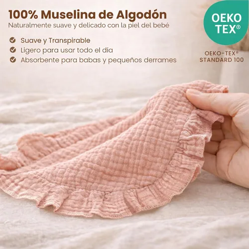 Miniatura 3 de Konssy Baberos de Muselina para Bebé para Niñas – Baberos Suaves de 100% Algodón para Babear, Ribete de Volantes para Recién Nacidos y Niños Rosa