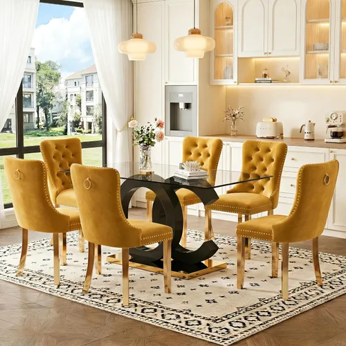 Miniatura 25 de Juego de mesa de comedor de cristal de 63 pulgadas para 6, juego de mesa de comedor moderno para 6, mesa de vidrio templado con patas negras