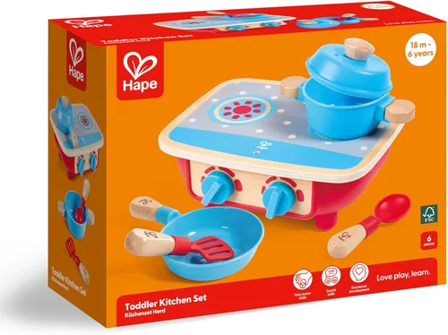 Miniatura 4 de Hape Juego de cocina para niños pequeños Juego de cocina de madera de 6 piezas, juego de cocina con estufa de juguete, sartén, cuchara, espátula