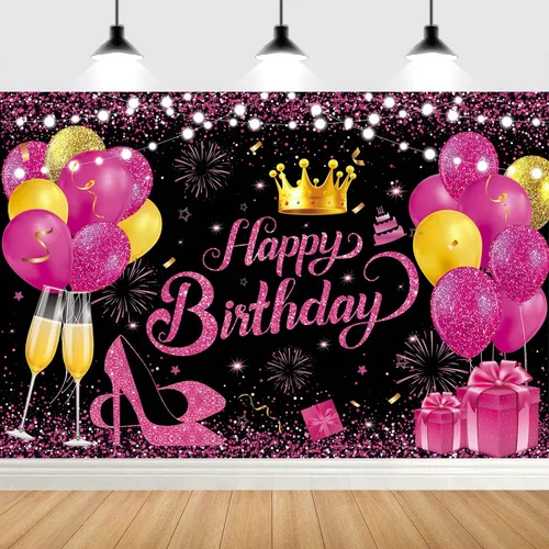 Miniatura 5 de 180x120 cm Telón de fondo brillante negro rosa intenso dorado para fiesta de cumpleaños, fondos de fotos, paño de 71x47 pulgadas, cartel de feliz