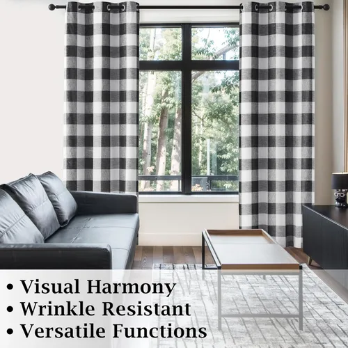 Miniatura 7 de Cortinas cortas de lino texturizado con diseño de búfalo blanco y negro a cuadros, 100% opacas con forro, paneles de estilo granja