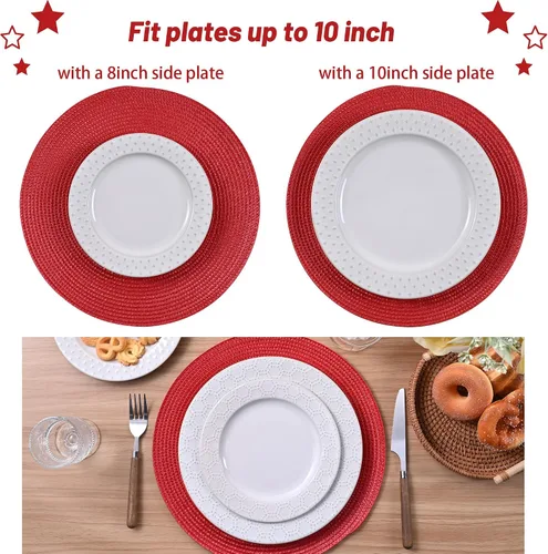 Miniatura 29 de Feuille Juego de 4 manteles individuales redondos trenzados para mesa de comedor, tejidos, lavables, antideslizantes, 13.5 pulgadas