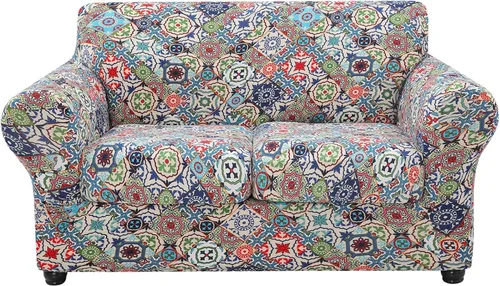 Miniatura 31 de hyha Funda para sofá, diseño floral, elástica, estampada, 4 piezas, fundas para sofá de 3 cojines separados, protector de muebles lavable para Azul