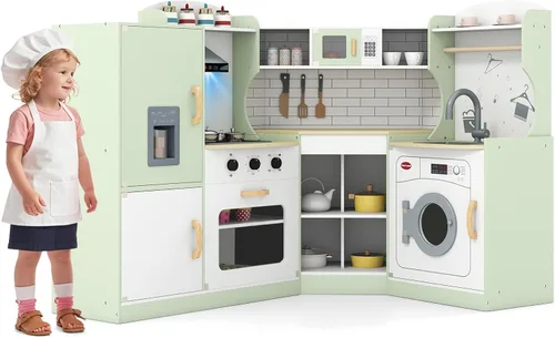 Costzon Juego de cocina esquinera para niños, cocina de madera con sonidos y luces, lavadora, campana extractora, máquina de hielo, microondas, Verde