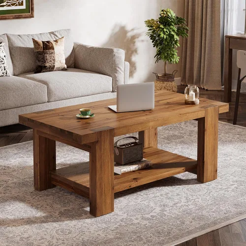 Miniatura 5 de Mesa de centro de madera maciza con estante de almacenamiento de 2 niveles, mesa central rectangular de granja de 47.2 pulgadas para sala de estar