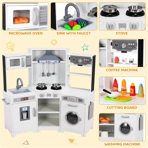 Miniatura 5 de MAMIZO Cocina de juego de esquina para niños, cocina de juguete de simulación de madera, juego de cocina grande con lavadora, campana extractora