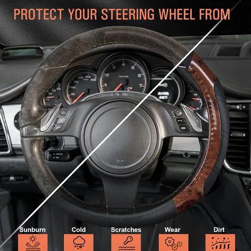 Miniatura 5 de CAR PASS Funda para volante deportiva de cuero de microfibra con veta de madera de 14.5-15 pulgadas, universal, se adapta al 95% de camiones, SUV