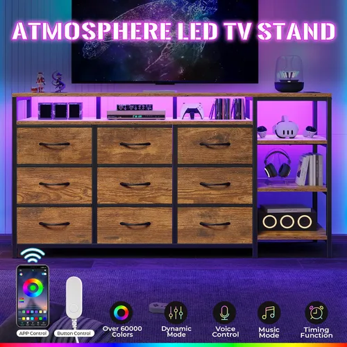 Miniatura 4 de Soporte de TV para 60 Pulgadas, Cómoda con Estación de Carga y Luces LED, 9 Cajones de Tela, Centro de Entretenimiento y Mesa Consola Industrial