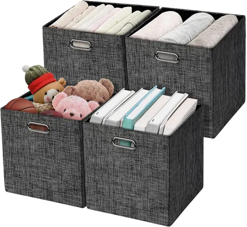 Miniatura 11 de Posprica Cubos de almacenamiento plegables, 11 x 11 x 11 pulgadas, contenedores de tela, 4 unidades, color beige