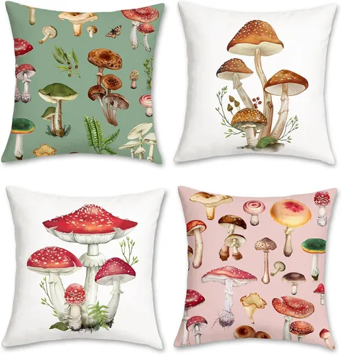Miniatura 7 de Bonhause Juego de 4 fundas de almohada decorativas de 18 x 18 pulgadas con diseño de hongos y ardilla de conejo, para sofá, hogar, decoración