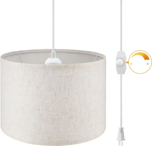 Miniatura 8 de WimiSom - Lámpara colgante enchufable, lámpara de 15 pies con cable enchufable, interruptor de encendido/apagado, pantalla de lino color beige