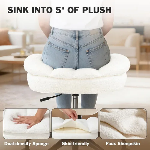 Miniatura 4 de Silla cruzada con reposapiés, silla de oficina giratoria de piel de oveja sintética de 360°, asiento extra ancho con comodidad similar al sofá, Lana