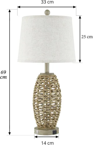 Miniatura 2 de Juego de 2 lámparas de mesa de ratán natural de 27", interruptor táctil, lámparas de mesita de noche regulables de 3 vías, con puertos de carga USB