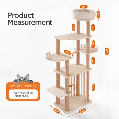 Miniatura 7 de Árbol grande para gatos de 68 pulgadas, torre para gatos de varios niveles de madera maciza con postes rascadores, juguetes divertidos y plataforma