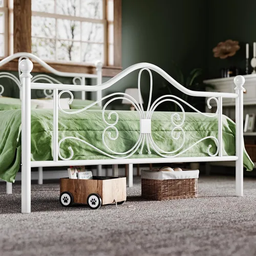 Miniatura 8 de Allewie - Marco de cama tamaño Queen con cabecera, base de cama de metal con cabecera y piecera con diseño de patrón de mariposa, no necesita Blanco