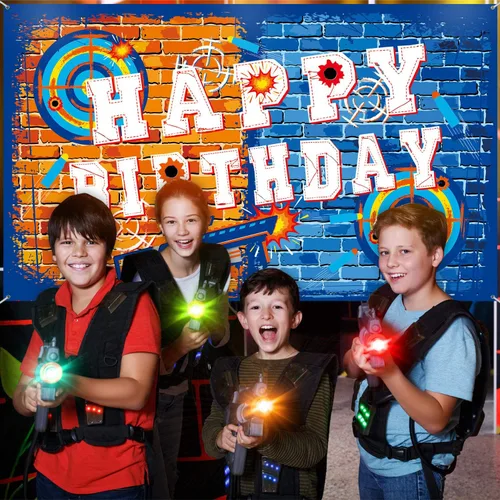 Miniatura 7 de Tatuo Fondo de pistola de feliz cumpleaños, decoración de fiesta, suministros de dardos, fondo de batalla, agua para decoración temática de fiesta