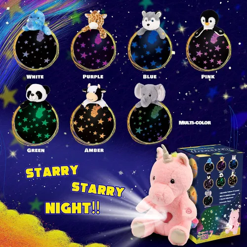 Miniatura 5 de Unicornio de peluche rosa con proyector de estrellas, musical, con volumen ajustable, luz nocturna, animales de peluche brillantes, juguetes