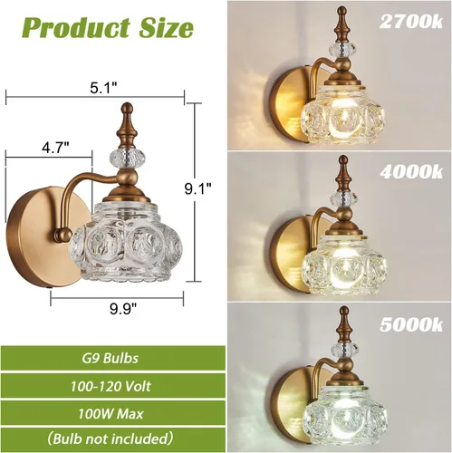 Miniatura 2 de Apliques de pared vintage, iluminación de pared de 1 luz con pantalla de cristal, acabado de latón antiguo cepillado mate, lámpara de pared