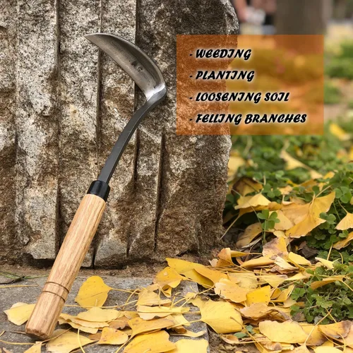 Miniatura 2 de Hoz de hierba japonesa azada de deshierbe herramienta de mano para jardín, acero de alta resistencia con mango de madera maciza (gris)