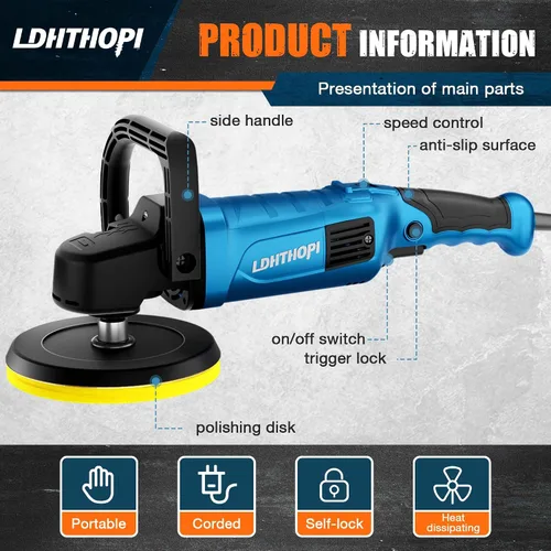 Miniatura 4 de LDHTHOPI Pulidora de amortiguador, pulidora giratoria de 1800W de 6 pulgadas/7 pulgadas, pulidora de cera con 750-3100RPM, amortiguadores