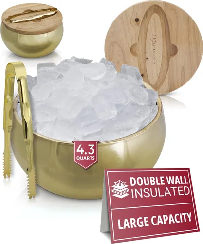 Gusto Nostro Cubo de hielo aislado de 4.1 L con tapa y pinzas, cubo de hielo de acero inoxidable de doble pared grande, sin BPA para bar de