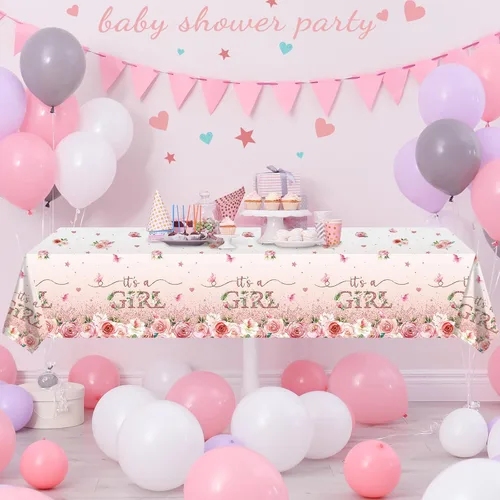 Miniatura 5 de Paquete de 1 mantel floral para baby shower, decoración de baby shower, decoración de fiesta de nacimiento con flores rosas para niñas, mantel